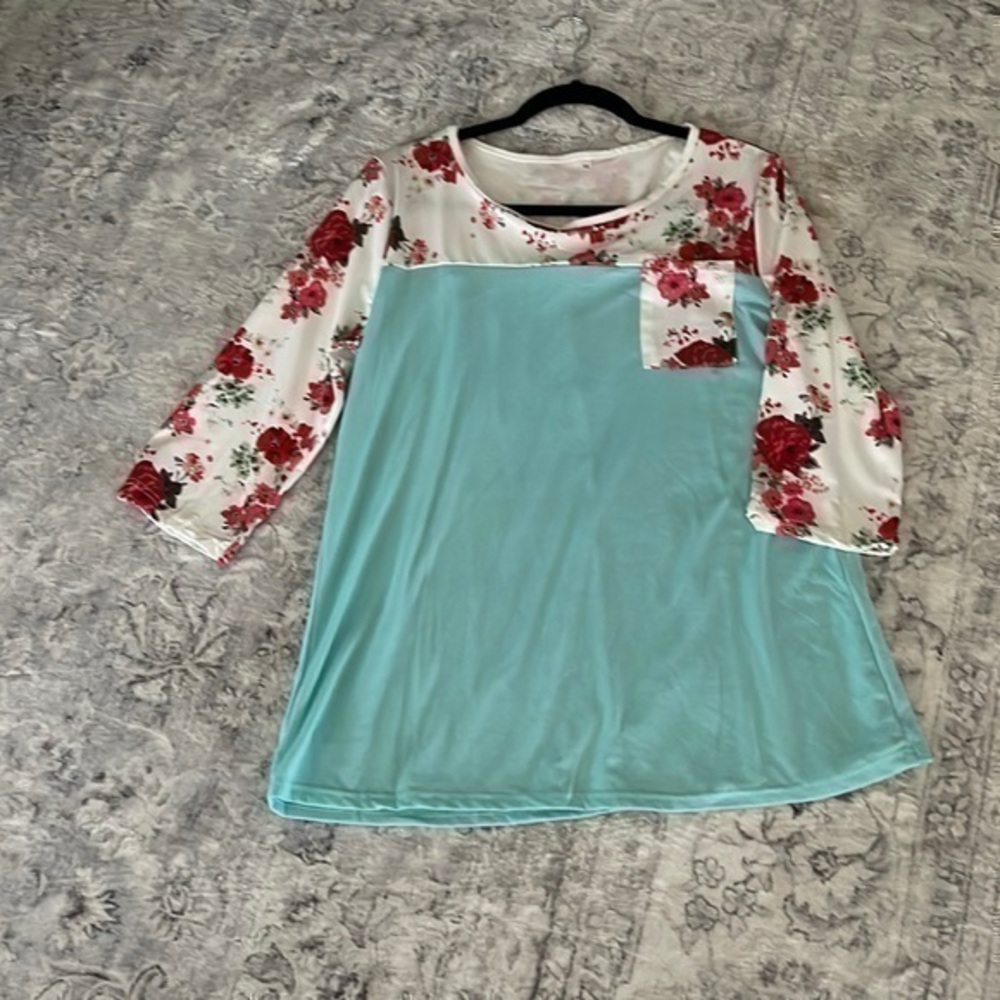 Women Splice Contrast Color Floral Print 3/4 Sleeve Blouse T-Shirts XXL Blue